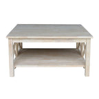 Tavolino quadrato in legno massello non rifinito con ripiano inferiore - 91,4 cm L x 91,4 cm P x 45,7 cm H.