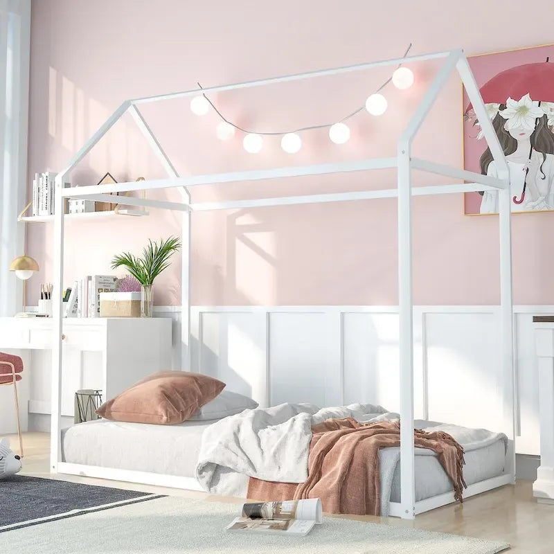 Letto a Capanna Singolo, Struttura Letto Bambini in Metallo con Piattaforma Letto a Terra per Bambini e Ragazzi, Nessuna Rete a Molle Necessaria
