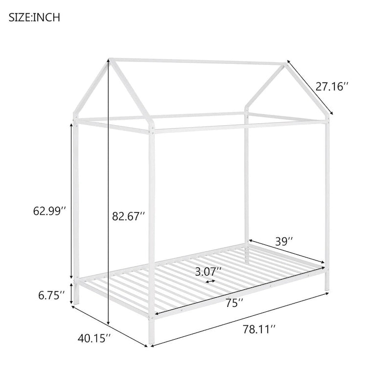 Letto a Capanna Singolo, Struttura Letto Bambini in Metallo con Piattaforma Letto a Terra per Bambini e Ragazzi, Nessuna Rete a Molle Necessaria