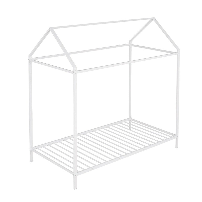 Letto a Capanna Singolo, Struttura Letto Bambini in Metallo con Piattaforma Letto a Terra per Bambini e Ragazzi, Nessuna Rete a Molle Necessaria