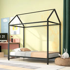 Letto a Capanna Singolo, Struttura Letto Bambini in Metallo con Piattaforma Letto a Terra per Bambini e Ragazzi, Nessuna Rete a Molle Necessaria
