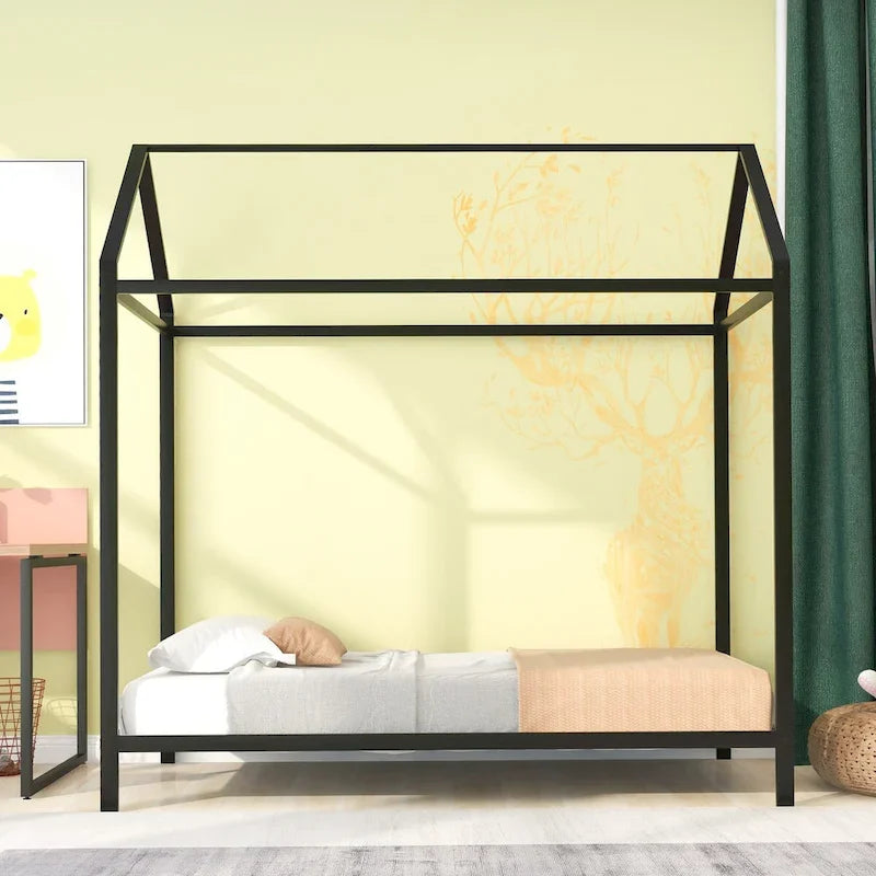 Letto a Capanna Singolo, Struttura Letto Bambini in Metallo con Piattaforma Letto a Terra per Bambini e Ragazzi, Nessuna Rete a Molle Necessaria