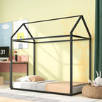 Letto a Capanna Singolo, Struttura Letto Bambini in Metallo con Piattaforma Letto a Terra per Bambini e Ragazzi, Nessuna Rete a Molle Necessaria