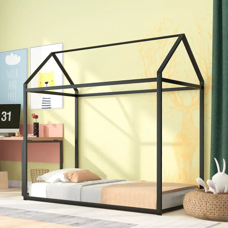 Letto a Capanna Singolo, Struttura Letto Bambini in Metallo con Piattaforma Letto a Terra per Bambini e Ragazzi, Nessuna Rete a Molle Necessaria