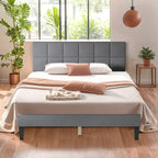 Letto a piattaforma imbottito in lino con struttura in legno e testiera, non è necessaria la rete a molle, senza rumore, misure T/F/Q