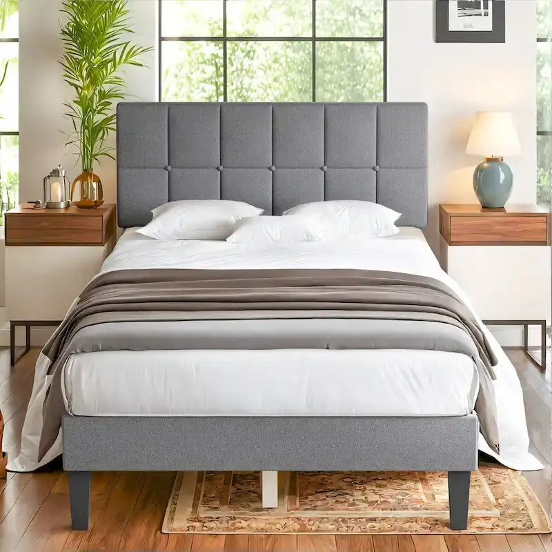 Letto a piattaforma imbottito in lino con struttura in legno e testiera, non è necessaria la rete a molle, senza rumore, misure T/F/Q