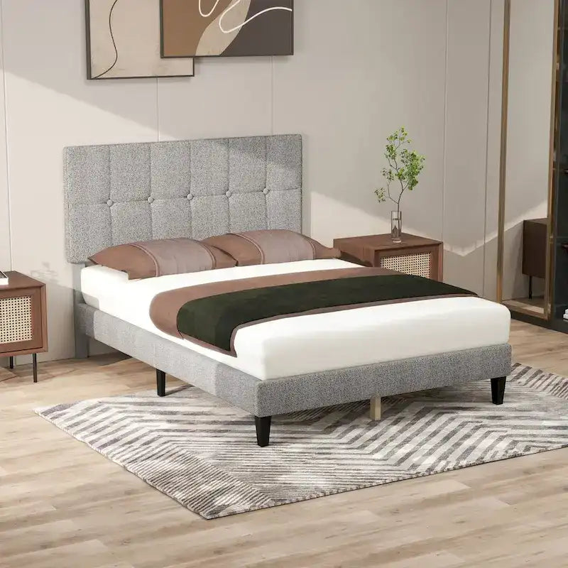 Letto a piattaforma imbottito in lino con struttura in legno e testiera, non è necessaria la rete a molle, senza rumore, misure T/F/Q