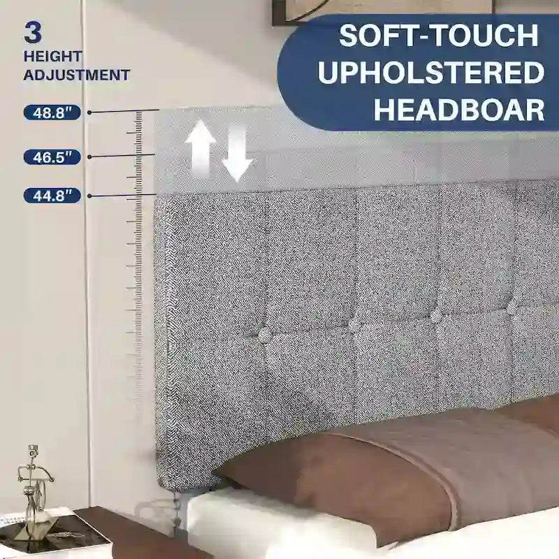 Letto a piattaforma imbottito in lino con struttura in legno e testiera, non è necessaria la rete a molle, senza rumore, misure T/F/Q