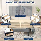 Letto a piattaforma imbottito in lino con struttura in legno e testiera, non è necessaria la rete a molle, senza rumore, misure T/F/Q