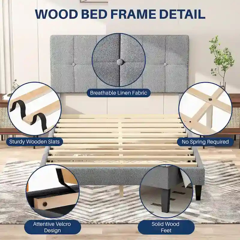 Letto a piattaforma imbottito in lino con struttura in legno e testiera, non è necessaria la rete a molle, senza rumore, misure T/F/Q