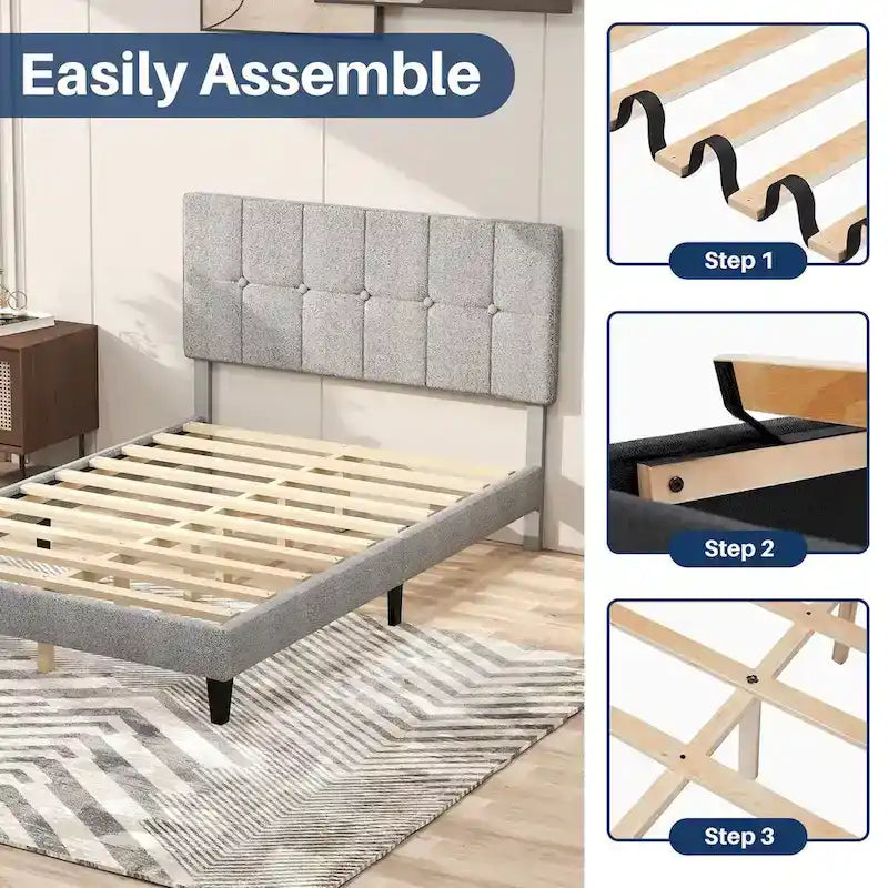 Letto a piattaforma imbottito in lino con struttura in legno e testiera, non è necessaria la rete a molle, senza rumore, misure T/F/Q