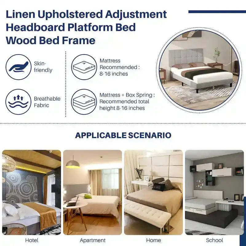 Letto a piattaforma imbottito in lino con struttura in legno e testiera, non è necessaria la rete a molle, senza rumore, misure T/F/Q