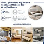 Letto a piattaforma imbottito in lino con struttura in legno e testiera, non è necessaria la rete a molle, senza rumore, misure T/F/Q