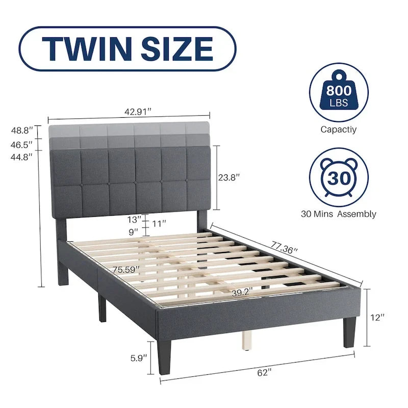 Letto a piattaforma imbottito in lino con struttura in legno e testiera, non è necessaria la rete a molle, senza rumore, misure T/F/Q