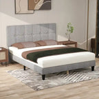 Letto a piattaforma imbottito in lino con struttura in legno e testiera, non è necessaria la rete a molle, senza rumore, misure T/F/Q