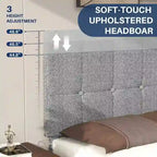 Letto a piattaforma imbottito in lino con struttura in legno e testiera, non è necessaria la rete a molle, senza rumore, misure T/F/Q