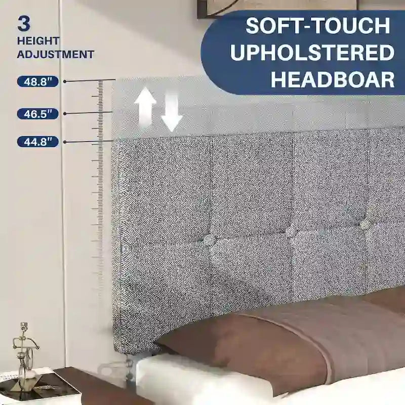 Letto a piattaforma imbottito in lino con struttura in legno e testiera, non è necessaria la rete a molle, senza rumore, misure T/F/Q