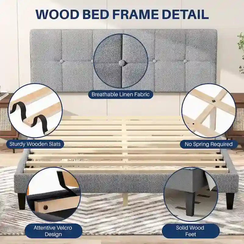 Letto a piattaforma imbottito in lino con struttura in legno e testiera, non è necessaria la rete a molle, senza rumore, misure T/F/Q