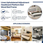 Letto a piattaforma imbottito in lino con struttura in legno e testiera, non è necessaria la rete a molle, senza rumore, misure T/F/Q