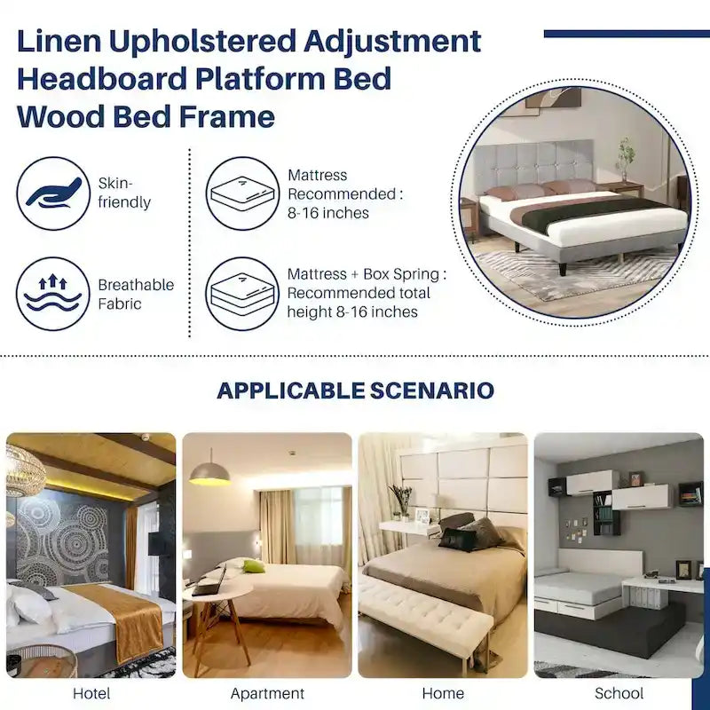 Letto a piattaforma imbottito in lino con struttura in legno e testiera, non è necessaria la rete a molle, senza rumore, misure T/F/Q