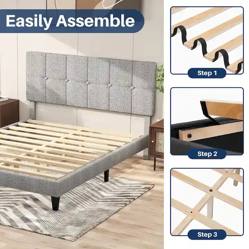 Letto a piattaforma imbottito in lino con struttura in legno e testiera, non è necessaria la rete a molle, senza rumore, misure T/F/Q