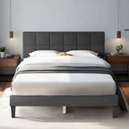 Letto a piattaforma imbottito in lino con struttura in legno e testiera, non è necessaria la rete a molle, senza rumore, misure T/F/Q