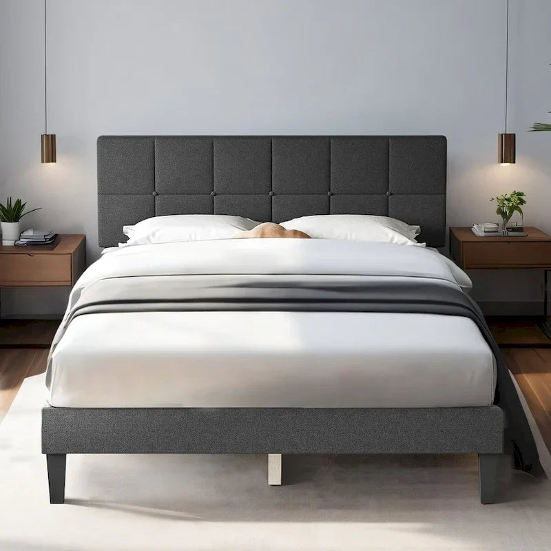 Letto a piattaforma imbottito in lino con struttura in legno e testiera, non è necessaria la rete a molle, senza rumore, misure T/F/Q