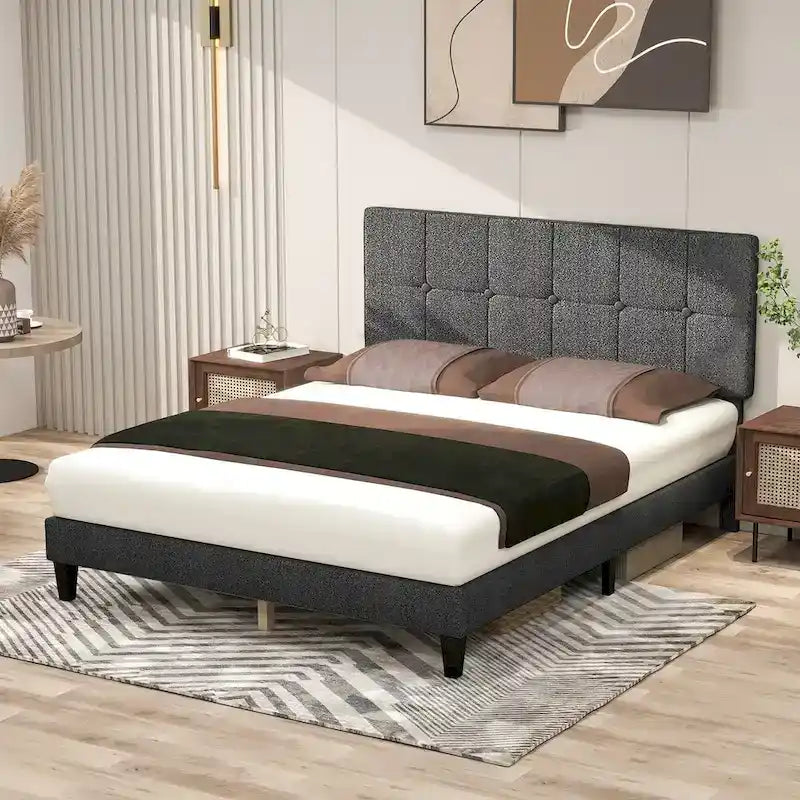 Letto a piattaforma imbottito in lino con struttura in legno e testiera, non è necessaria la rete a molle, senza rumore, misure T/F/Q