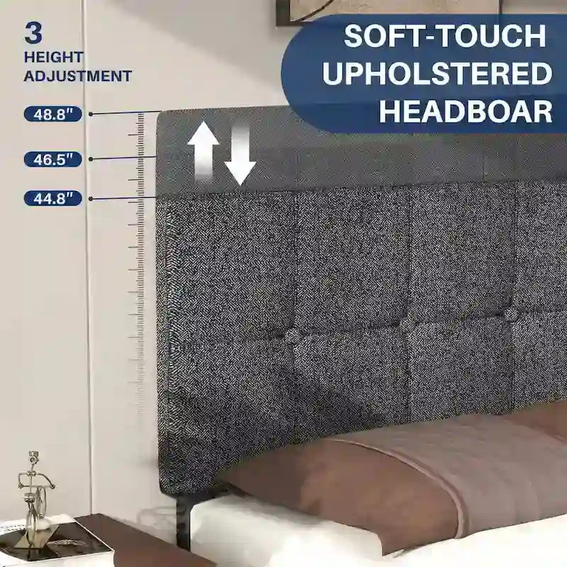 Letto a piattaforma imbottito in lino con struttura in legno e testiera, non è necessaria la rete a molle, senza rumore, misure T/F/Q