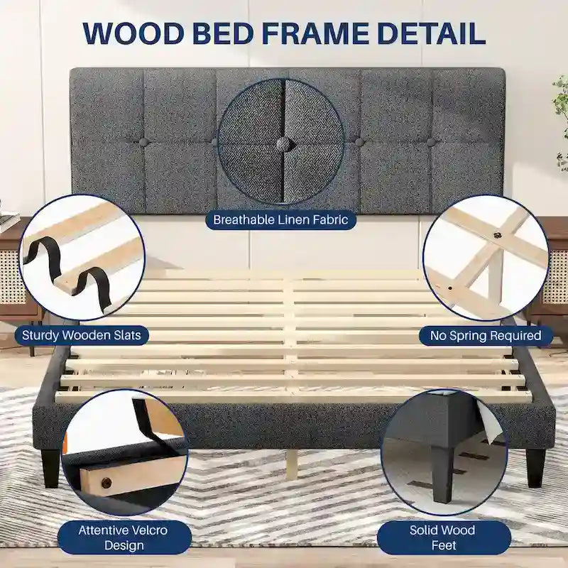 Letto a piattaforma imbottito in lino con struttura in legno e testiera, non è necessaria la rete a molle, senza rumore, misure T/F/Q