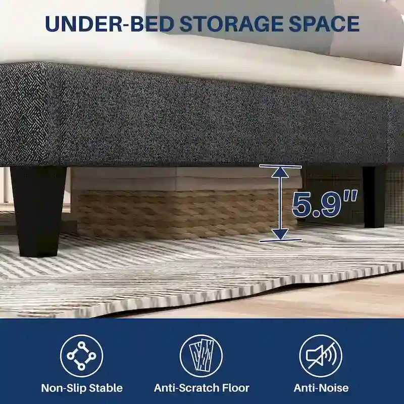 Letto a piattaforma imbottito in lino con struttura in legno e testiera, non è necessaria la rete a molle, senza rumore, misure T/F/Q