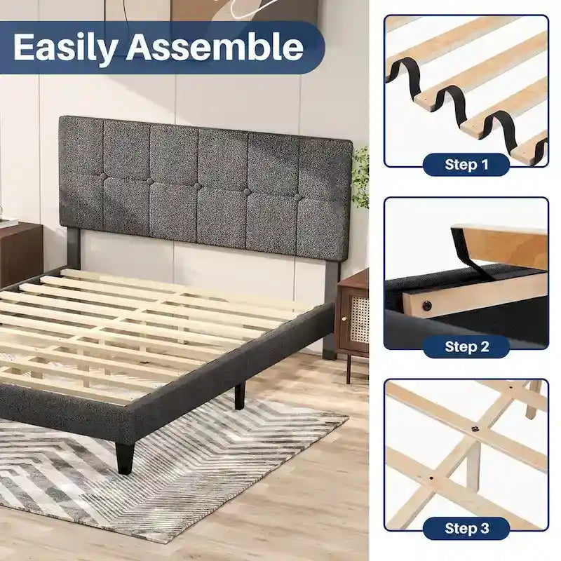 Letto a piattaforma imbottito in lino con struttura in legno e testiera, non è necessaria la rete a molle, senza rumore, misure T/F/Q