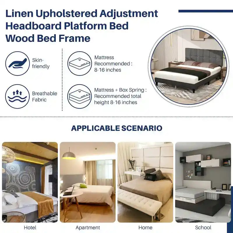 Letto a piattaforma imbottito in lino con struttura in legno e testiera, non è necessaria la rete a molle, senza rumore, misure T/F/Q