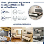 Letto a piattaforma imbottito in lino con struttura in legno e testiera, non è necessaria la rete a molle, senza rumore, misure T/F/Q