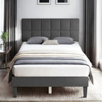 Letto a piattaforma imbottito in lino con struttura in legno e testiera, non è necessaria la rete a molle, senza rumore, misure T/F/Q