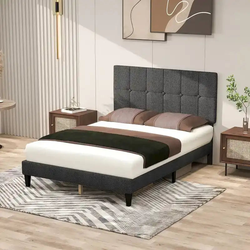 Letto a piattaforma imbottito in lino con struttura in legno e testiera, non è necessaria la rete a molle, senza rumore, misure T/F/Q