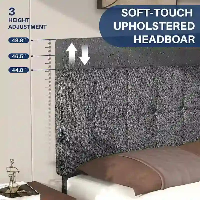 Letto a piattaforma imbottito in lino con struttura in legno e testiera, non è necessaria la rete a molle, senza rumore, misure T/F/Q