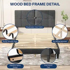 Letto a piattaforma imbottito in lino con struttura in legno e testiera, non è necessaria la rete a molle, senza rumore, misure T/F/Q