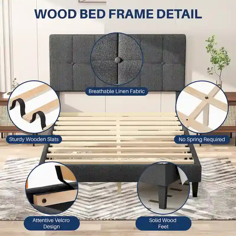 Letto a piattaforma imbottito in lino con struttura in legno e testiera, non è necessaria la rete a molle, senza rumore, misure T/F/Q