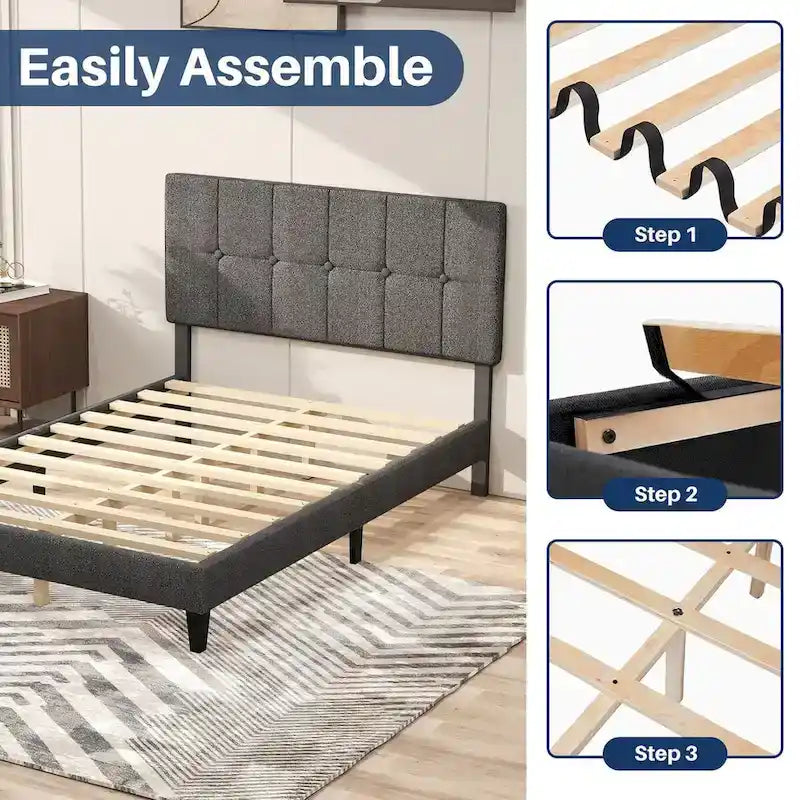 Letto a piattaforma imbottito in lino con struttura in legno e testiera, non è necessaria la rete a molle, senza rumore, misure T/F/Q