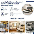 Letto a piattaforma imbottito in lino con struttura in legno e testiera, non è necessaria la rete a molle, senza rumore, misure T/F/Q