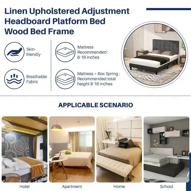 Letto a piattaforma imbottito in lino con struttura in legno e testiera, non è necessaria la rete a molle, senza rumore, misure T/F/Q