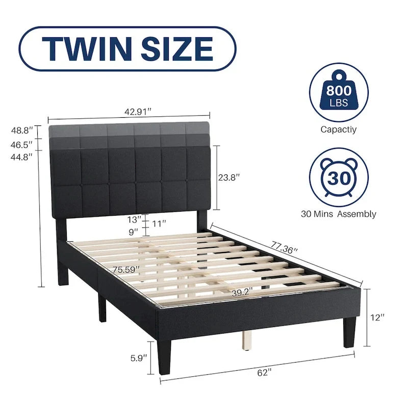 Letto a piattaforma imbottito in lino con struttura in legno e testiera, non è necessaria la rete a molle, senza rumore, misure T/F/Q