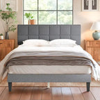 Letto a piattaforma imbottito in lino con struttura in legno e testiera, non è necessaria la rete a molle, senza rumore, misure T/F/Q