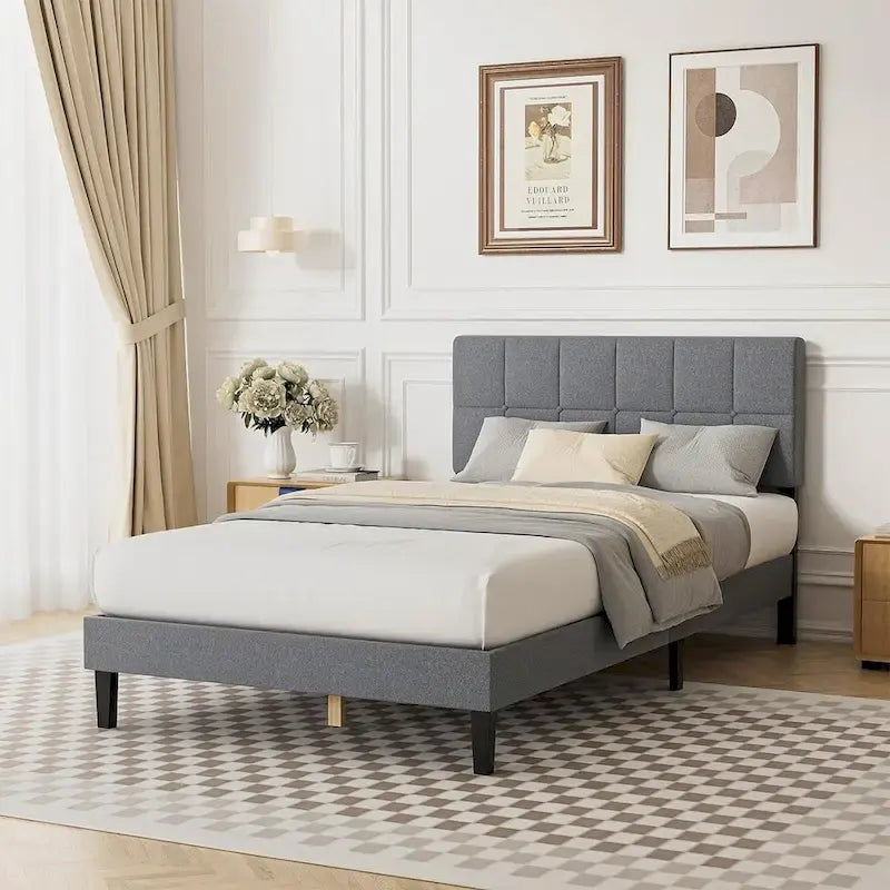 Letto a piattaforma imbottito in lino con struttura in legno e testiera, non è necessaria la rete a molle, senza rumore, misure T/F/Q