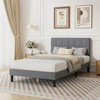 Letto a piattaforma imbottito in lino con struttura in legno e testiera, non è necessaria la rete a molle, senza rumore, misure T/F/Q