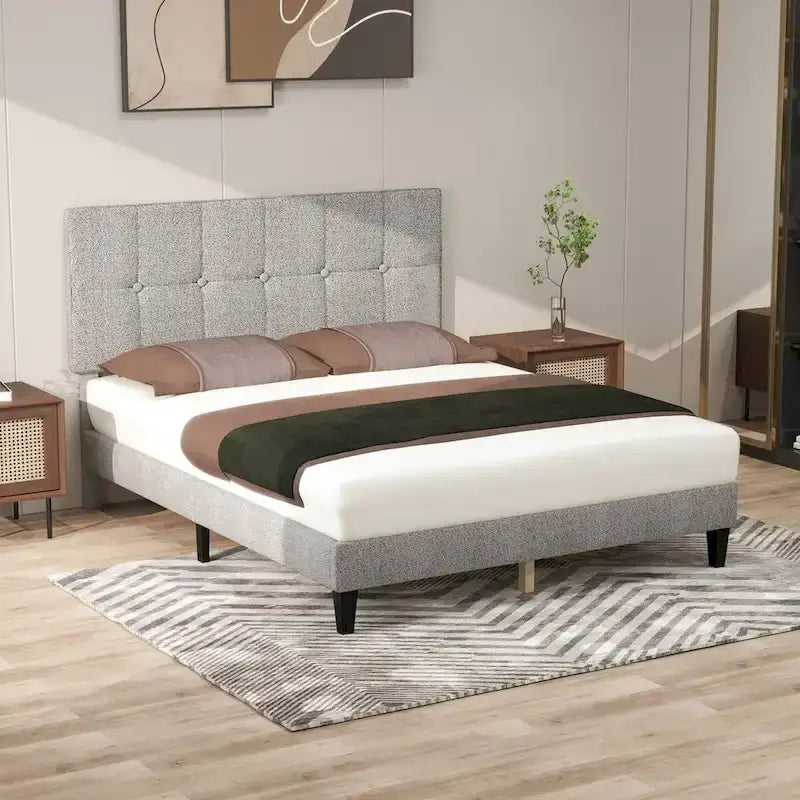 Letto a piattaforma imbottito in lino con struttura in legno e testiera, non è necessaria la rete a molle, senza rumore, misure T/F/Q