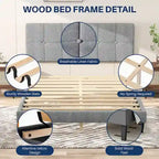 Letto a piattaforma imbottito in lino con struttura in legno e testiera, non è necessaria la rete a molle, senza rumore, misure T/F/Q