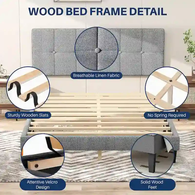 Letto a piattaforma imbottito in lino con struttura in legno e testiera, non è necessaria la rete a molle, senza rumore, misure T/F/Q