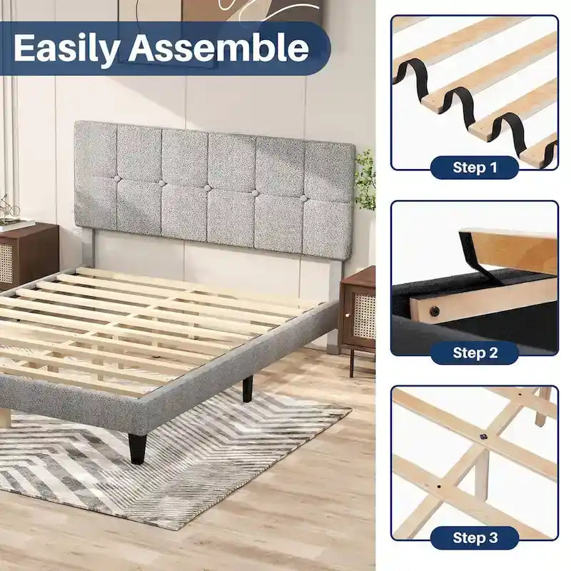 Letto a piattaforma imbottito in lino con struttura in legno e testiera, non è necessaria la rete a molle, senza rumore, misure T/F/Q